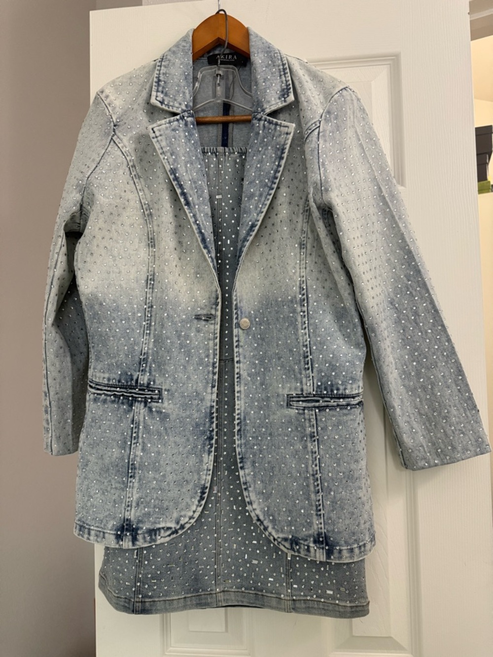 AKIRA SET Light Blue Studded Denim Blazer and strapless dress